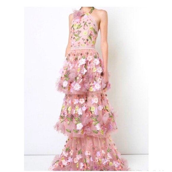 NWT Marchesa Notte Floral Applique Embroidered Tiered Halter Gown - Picture 1 of 13